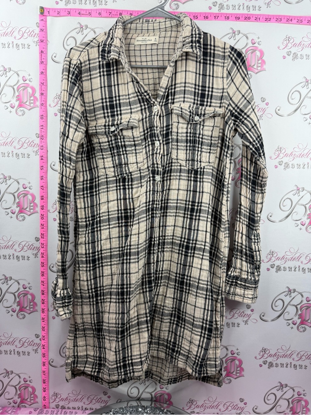 Abercrombie & fitch dress long sleeve pockets Black and Cream Plaid Shirt Dress